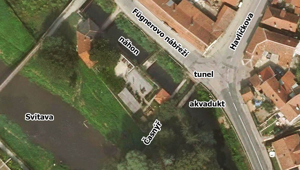 Plánek okolí akvaduktu potoka Časnýře v Bílovicích.