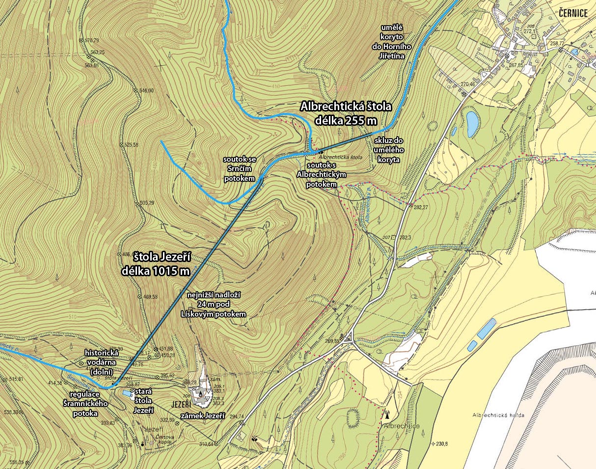 Mapka okolí zámku Jezeří, štoly Jezeří, Albrechtické štoly, historické vodárny a historické štoly pod zámkem.