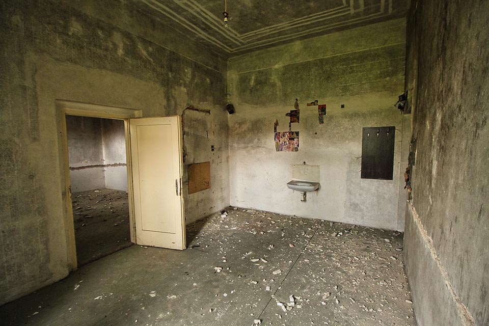 Stěny nevytápěné vily, do které prší rozbitými okny, pokryla šedočerná plíseň.