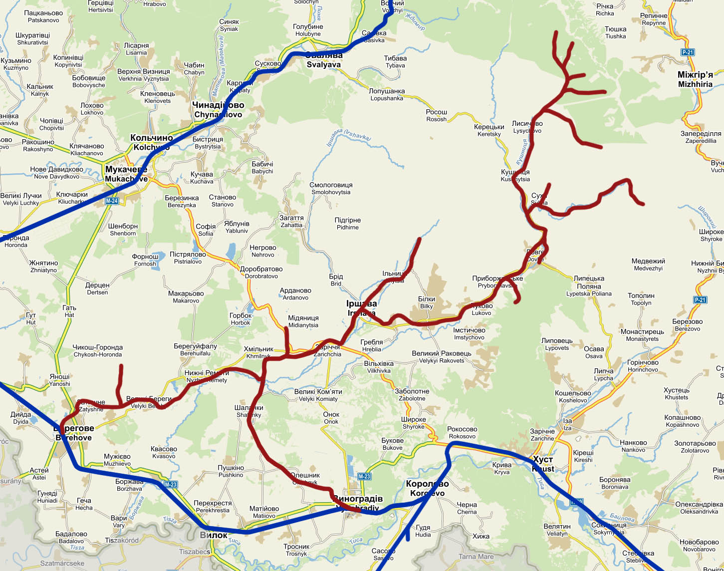 Mapa Boržavské úzkokolejky se dvojicí větví z Королева a Виноградіва a celou trasou k severu až do rozeklaných horských údolí, kam koleje dospěly v rámci tzv. Kušnické lesní železnice rozvětvené do pětice údolí.