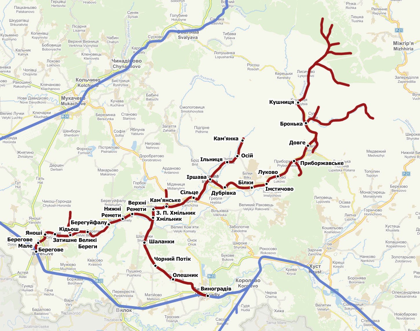 V době největšího rozmachu se na páteřní síti (hlavní trať Берегове–Кушниця a odbočky do stanic Виноградів a Камянка) nacházelo celkem 13 stanic a 16 zastávek.