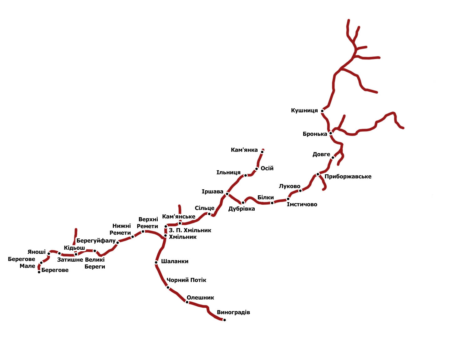 Mapka celkovéhoé rozsahu všech větví boržavské úzkokolejky. V maximálním rozpětí okolo roku 1960 dosahovala síť 123 km tratí.