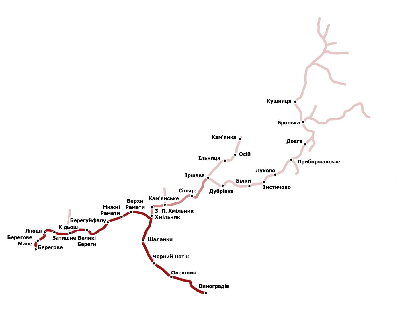 Červeně jsou vyznačeny v roce 2017 provozované úseky (z toho západní větev jen pro strojní jízdy), středně růžově víceméně provozuschopné úseky a slabě růžově snesené části dráhy.