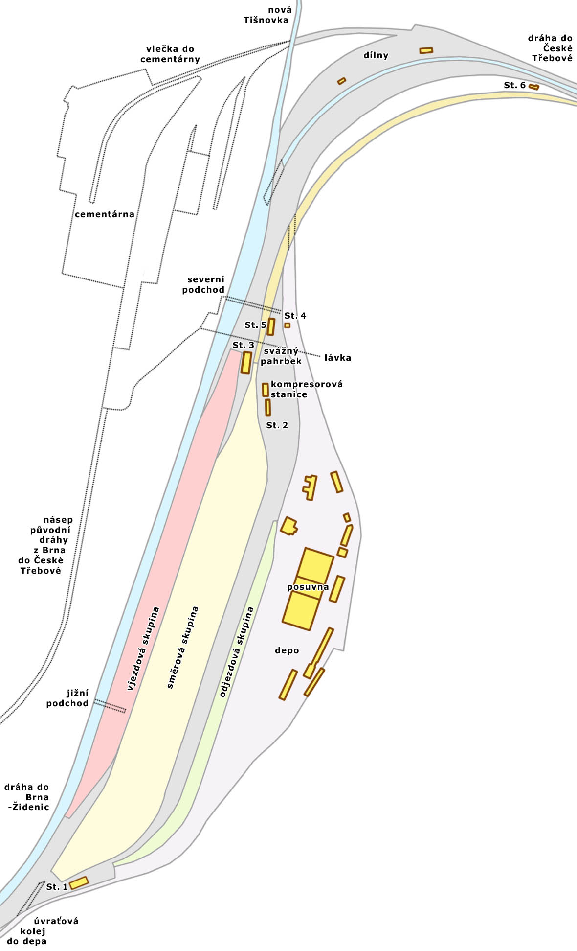Přehledný plánek železniční stanice Brno-Maloměřice v roce 2017. Na západní straně prochází stanicí 4 koleje tratí do Tišnova a České Třebové, vjezdová skupina pro přistavování nákladních vlaků disponuje 10 kolejemi, následuje 23 kolejí směrové skupiny, několik rozvětvených manipulačních kolejí a 5 kolejí odjezdové skupiny pro hotové vlaky. Východní strana areálu patří depu ČD se spletitou sítí kolejí.