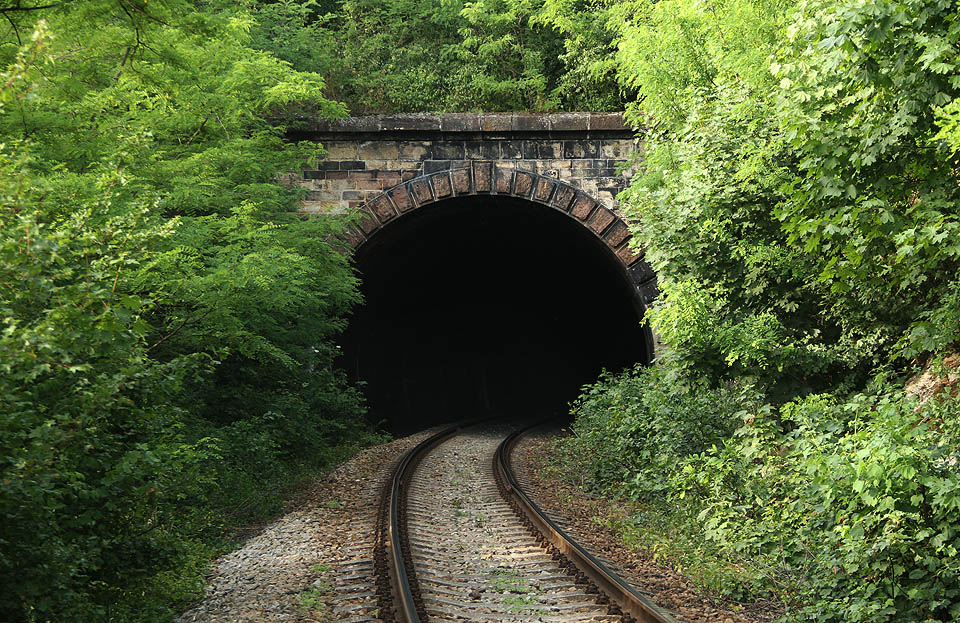 Jižní portál Budkovického tunelu. Šířka tunelové roury dává tušit, že tudy kdysi měly vedle sebe vést hned dvě koleje.