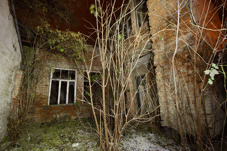 Miniaturní dvorek umožňoval přístup k záchodům ve věžovité přístavbě vpravo, vstup ze Škárovy ulice i chov pár kousků slepic nebo králíků.