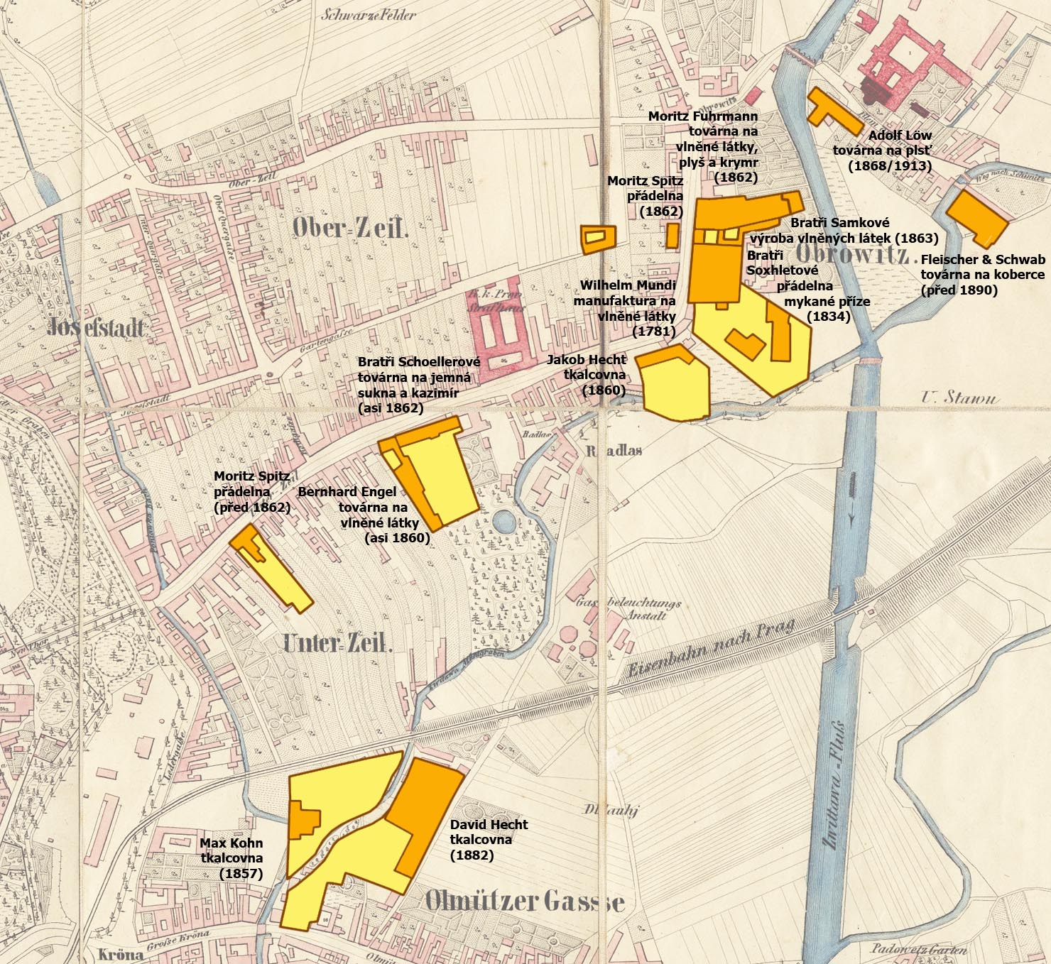 Tatáž mapka se zakreslením nejdůležitějších textilních továren Dolního Cejlu. Jejich výstavba probíhala prakticky po celých sto let od 10. let 19. do 10. let 20. století. Několik tisíc dělníků, kteří na Cejlu předli, tkali, barvili a jinak upravovali textil jednou provždy změnilo tvář Brna, které se tak stalo průmyslovou metropolí přezdívanou „Moravský Manchester“.