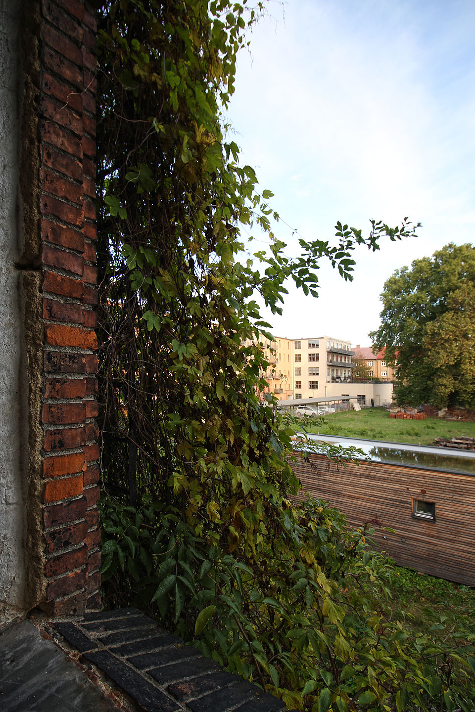 Pokud se otočíme o dalších 90°, spatříme na jihovýchodě skrze původní okno jak přestavěnou továrnu Moravan, tak při trošce pozornosti žebřík na střechu, šikovně ukrytý v popínavých rostlinách.