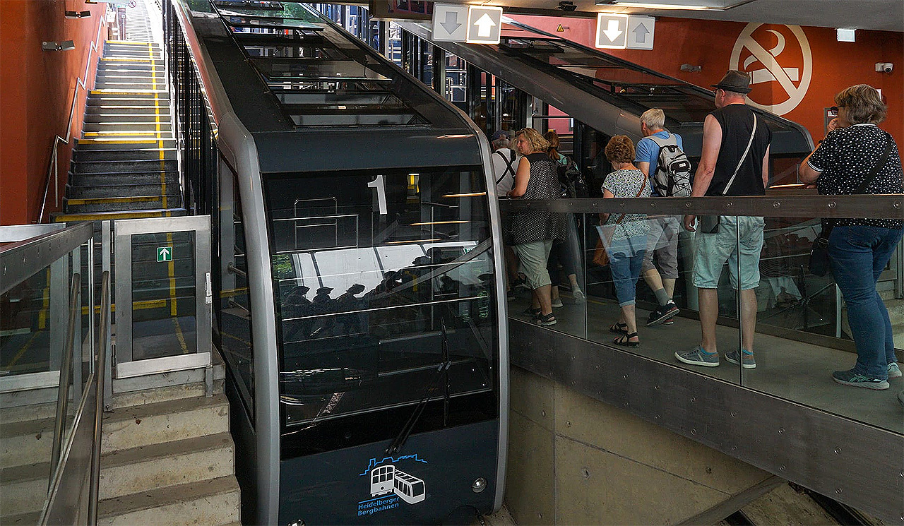 Prostřední stanice dráhy Molenkurbahn zvaná Schloss, ve které právě dochází k míjení kabin 1 a 2.