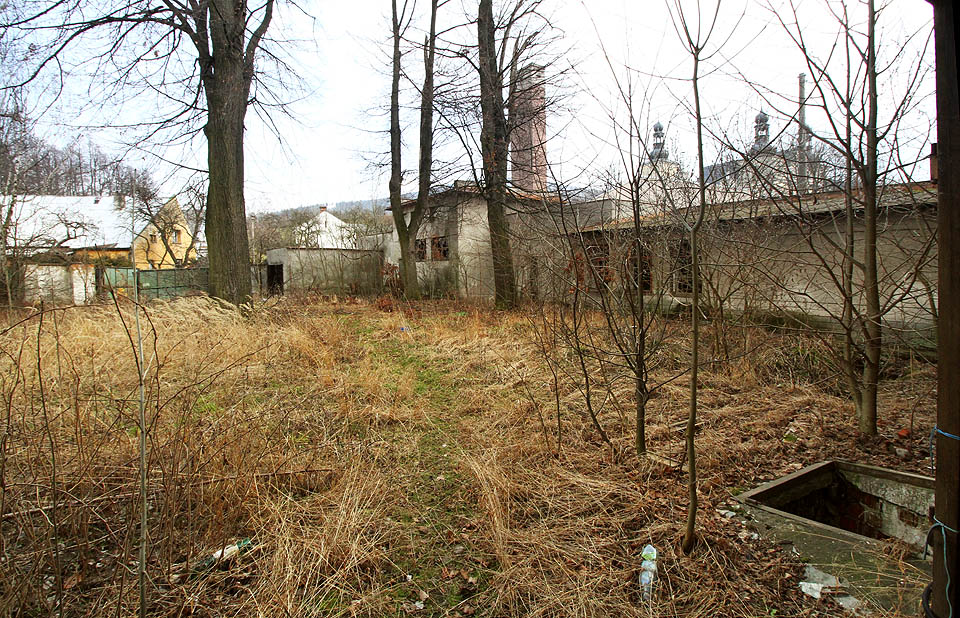 Odsud již není daleko na mlčenlivý dvůr zarůstající trávou a křovím pod korunali rozložitých stromů. Oáza divočiny uprostřed města.