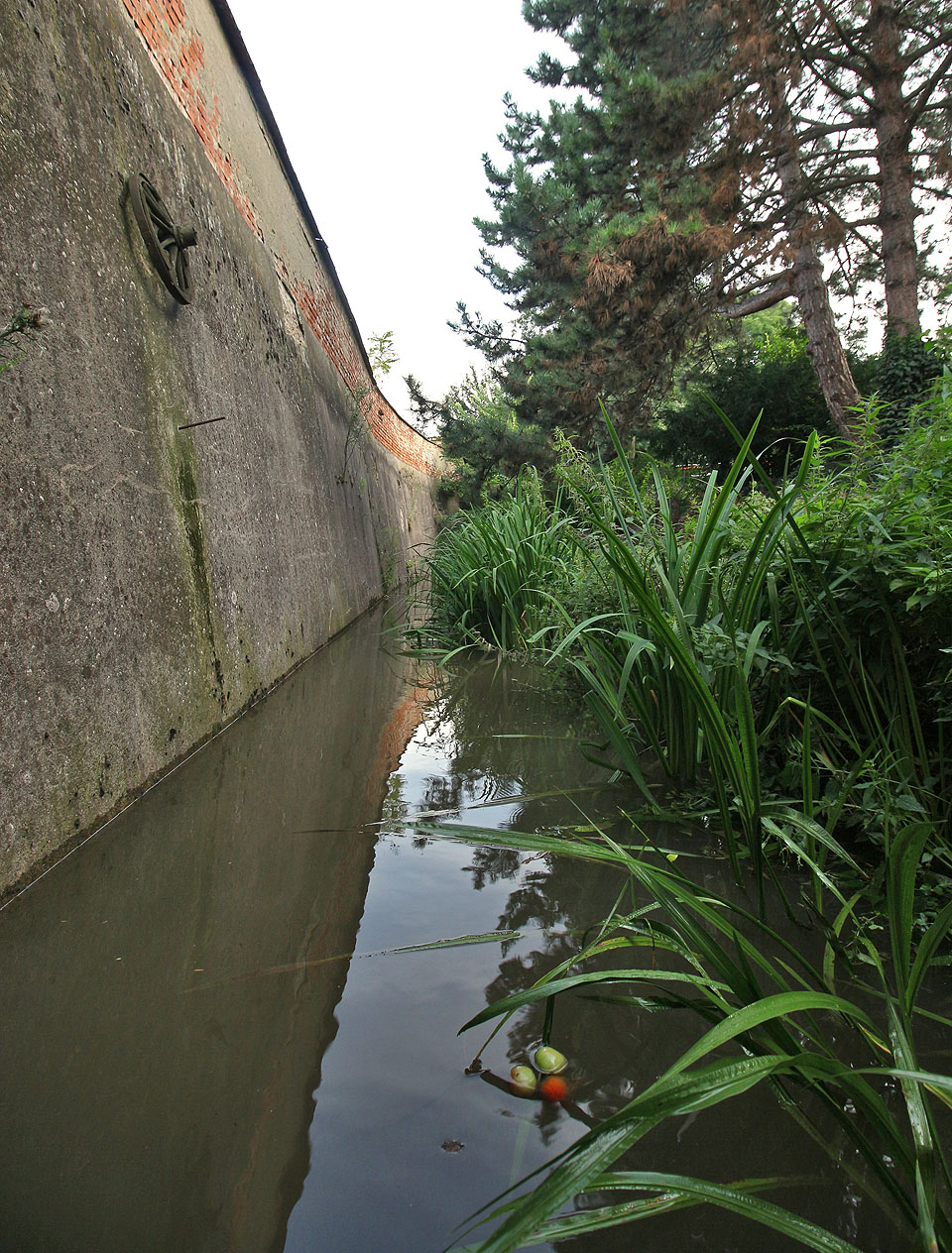 Levý břeh náhonu tu tvoří strohá zeď, která chránila textilní provoz v případě povodní a chrání ho před nezvanými návštěvami dodnes. Voda tu nepozorovaně vybublává z potrubí a tiše omývá betonovou stěnu mizící v neprostupnu.