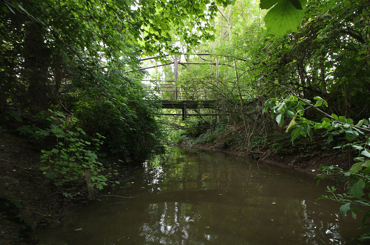 V houští ukrytý most disponuje méně obvyklou příhradovou konstrukcí s věšadly i vzpínadly.
