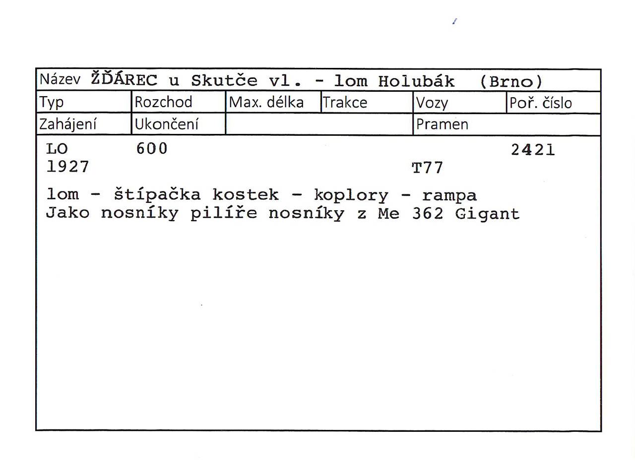 Větší (a starší) část Immerova seznamu úzkokolejek sestává z kartotečních lístků speciálně vytištěných pro potřeby jejich katalogizace.