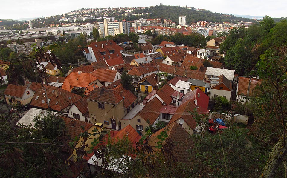 Pohled do olního (tj. západního) lomu na nejširší změť uliček. Svratka protéká pásem stromů za Kamennou kolonií.