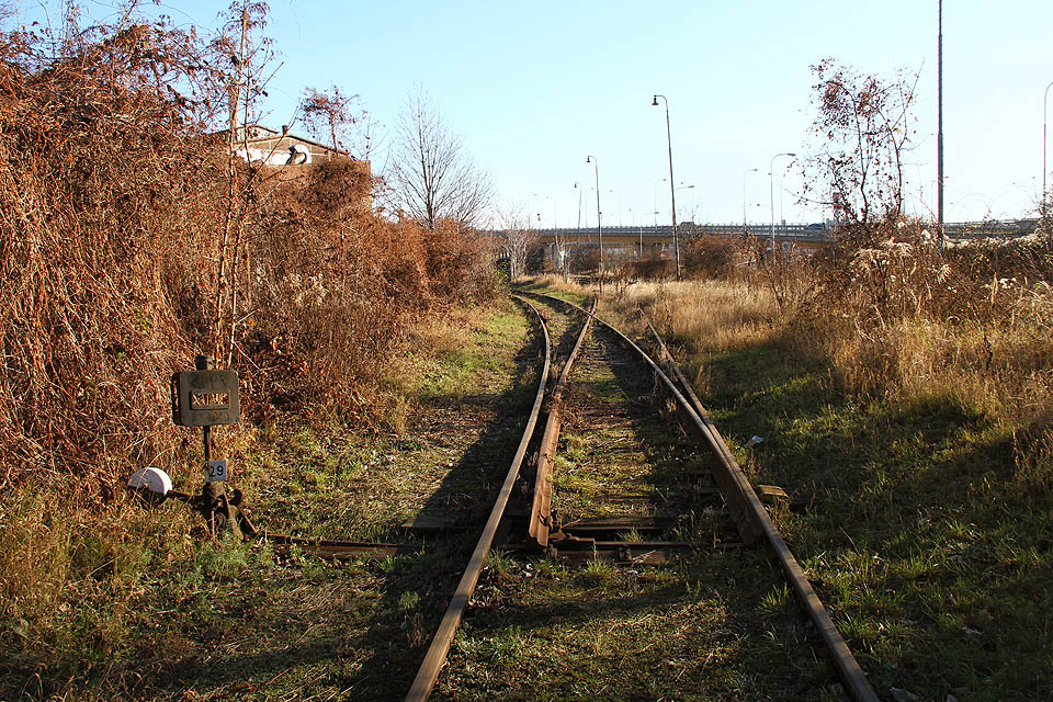 Vlečková výhybka č. 29. Dnes už je těžké rozpoznat, kam až zasahovalo na jižním zhlaví kolejiště stanice a které koleje naopak patřili některé z trojice vleček.