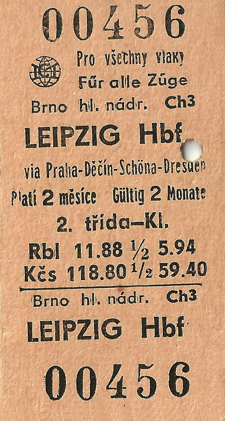 Jízdenka z brněnského na lipské hlavní nádraží z 23. května 1982.