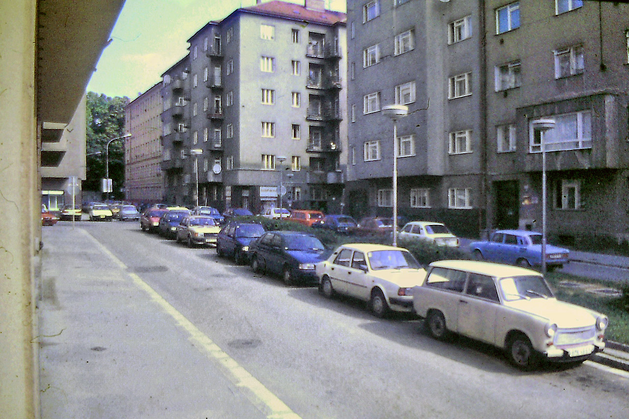 Pohled na Mášovu ulici ve vrcholícím létě roku 1996. Od svého počátku byla ulice koncipována se středovým zeleným pásem, který měl alespoň částečně rozvolnit v době dokončení nejhustěji osídlenou ulici v Brně (v počtu obyvatel na m2 plochy).