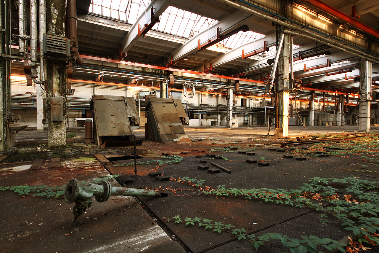 Konce pohyblivých pásů výrobní linky se tyčí z podlahy jako nějaké zkovovělé houby. Konce pohyblivých pásů výrobní linky se tyčí z podlahy jako nějaké zkovovělé houby.