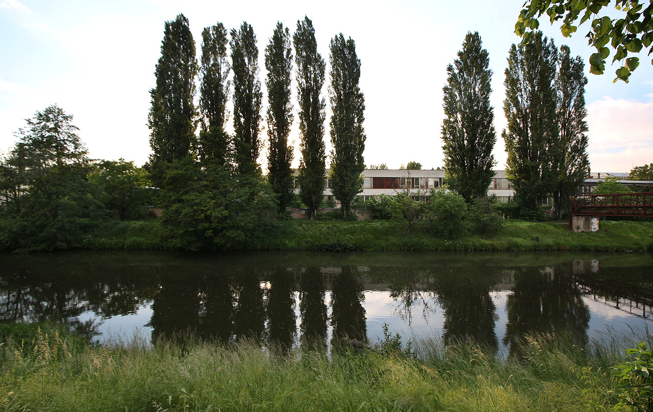 Za hradbou ztepilých topolů je vidět protáhlé východní průčelí motorárny - dvě poschodí sloužila administrativě a dílnám. Za hradbou ztepilých topolů je vidět protáhlé východní průčelí motorárny - dvě poschodí sloužila administrativě a dílnám.