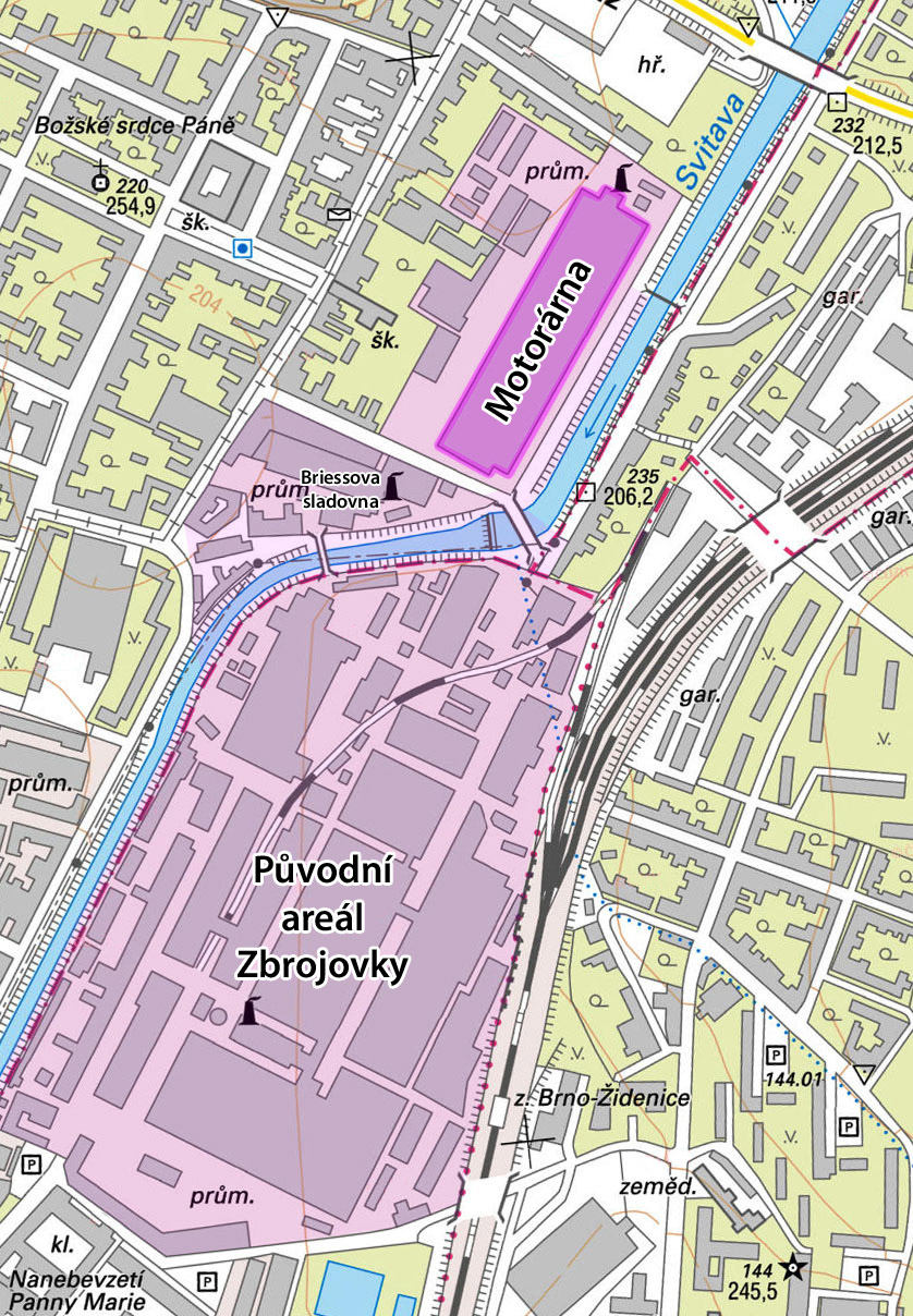 Na mapce je dobře vidět motorárnu severně od kdysi slepé Gargulákovy ulice i dvojici mostů, které skrze nepřístupné nábřeží Svitavy spojovaly objekt motorárny a Briessovy sladovny s vlastní Zbrojovkou západně od zastávky Brno-Židenice. Na mapce je dobře vidět motorárnu severně od kdysi slepé Gargulákovy ulice i dvojici mostů, které skrze nepřístupné nábřeží Svitavy spojovaly objekt motorárny a Briessovy sladovny s vlastní Zbrojovkou západně od zastávky Brno-Židenice.