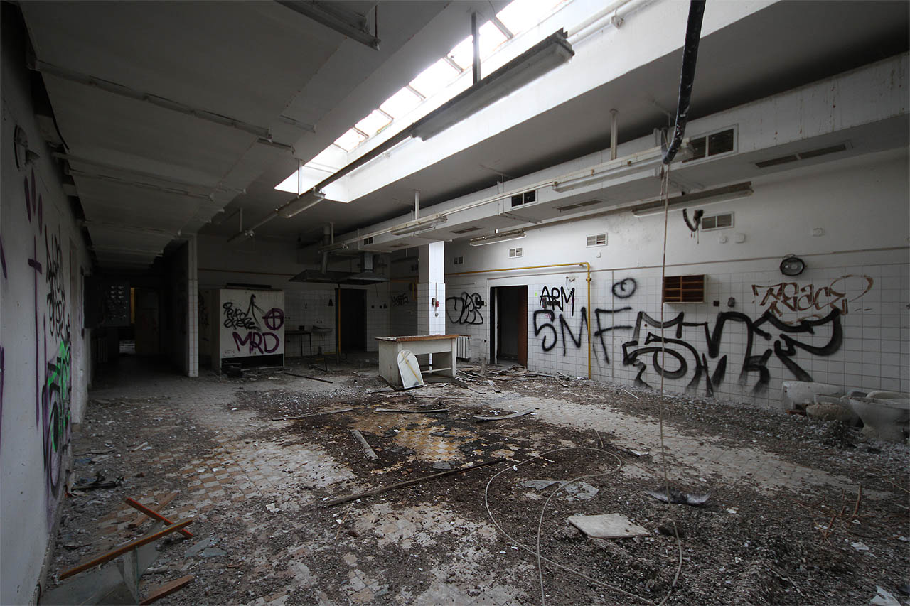 Také restaurační kuchyni by asi hygienik něco málo vytknul. Rozpraskanými skly světlíků před námi s tlukotem křídel vylétají ven vystrašení holubi.