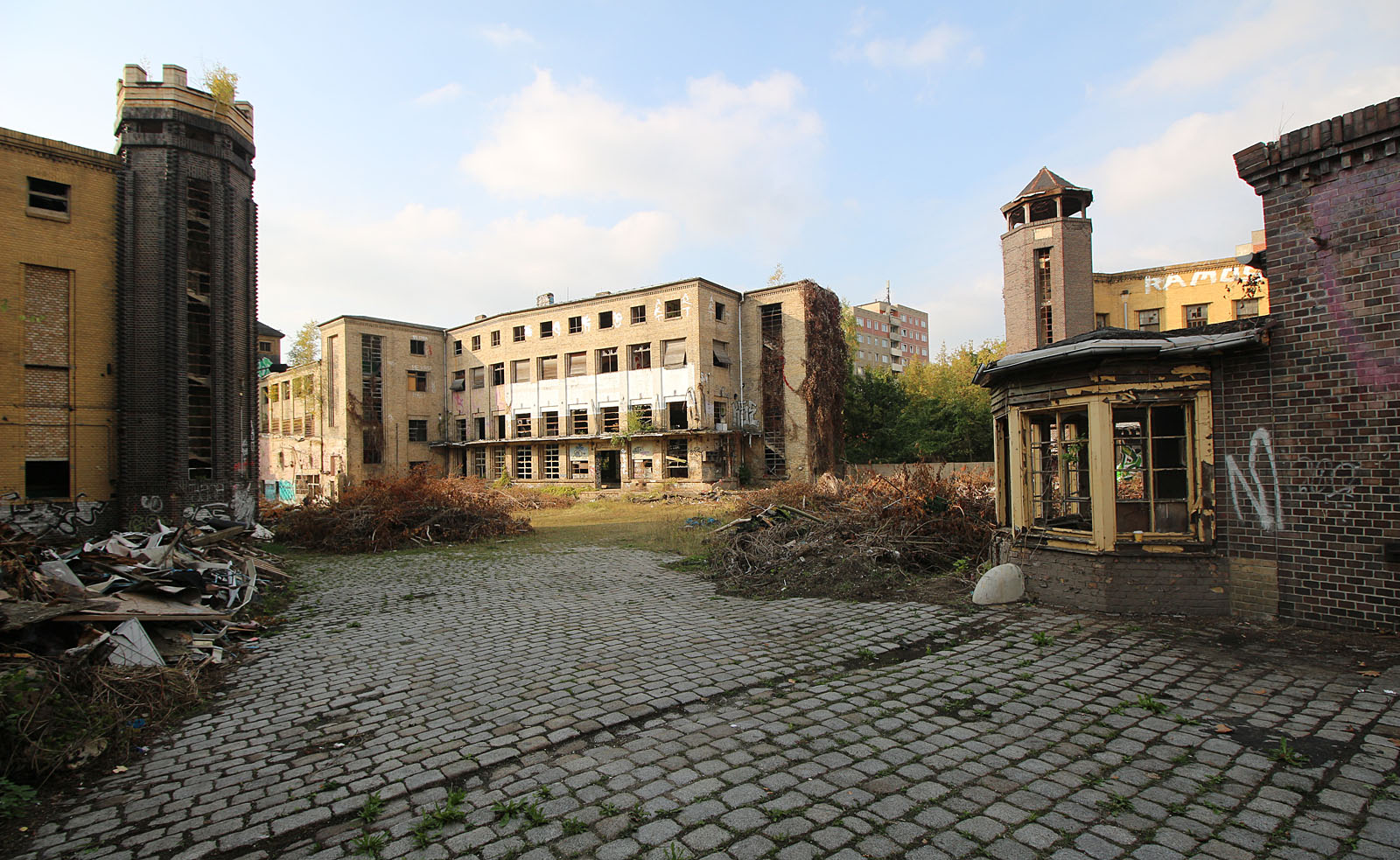Za branou areálu se nachází dlážděné nádvoří, obklopené ze všech stran provozními budovami, povětšinou již bez střech. Plochu dvora pokrývají hromady trosek, suti a větví z vykácených dřevin. Areál je stále zlehka udržován.