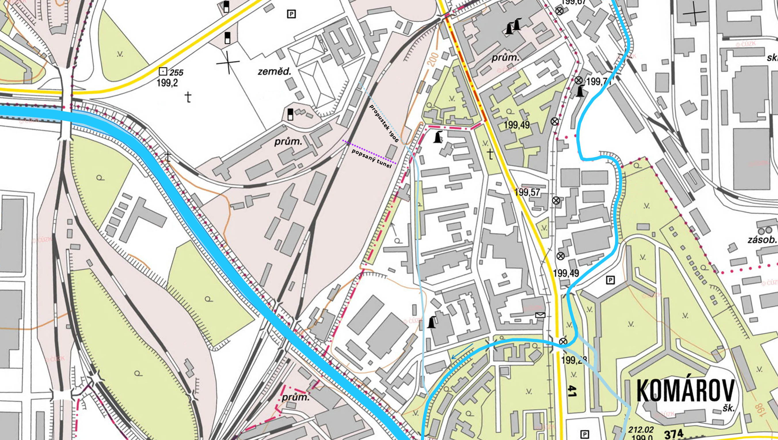 Současný stav s vyznačenými vodními toky v roce 1906. Řada potoků a náhonů v průběhu 20. století nadobro zanikla.