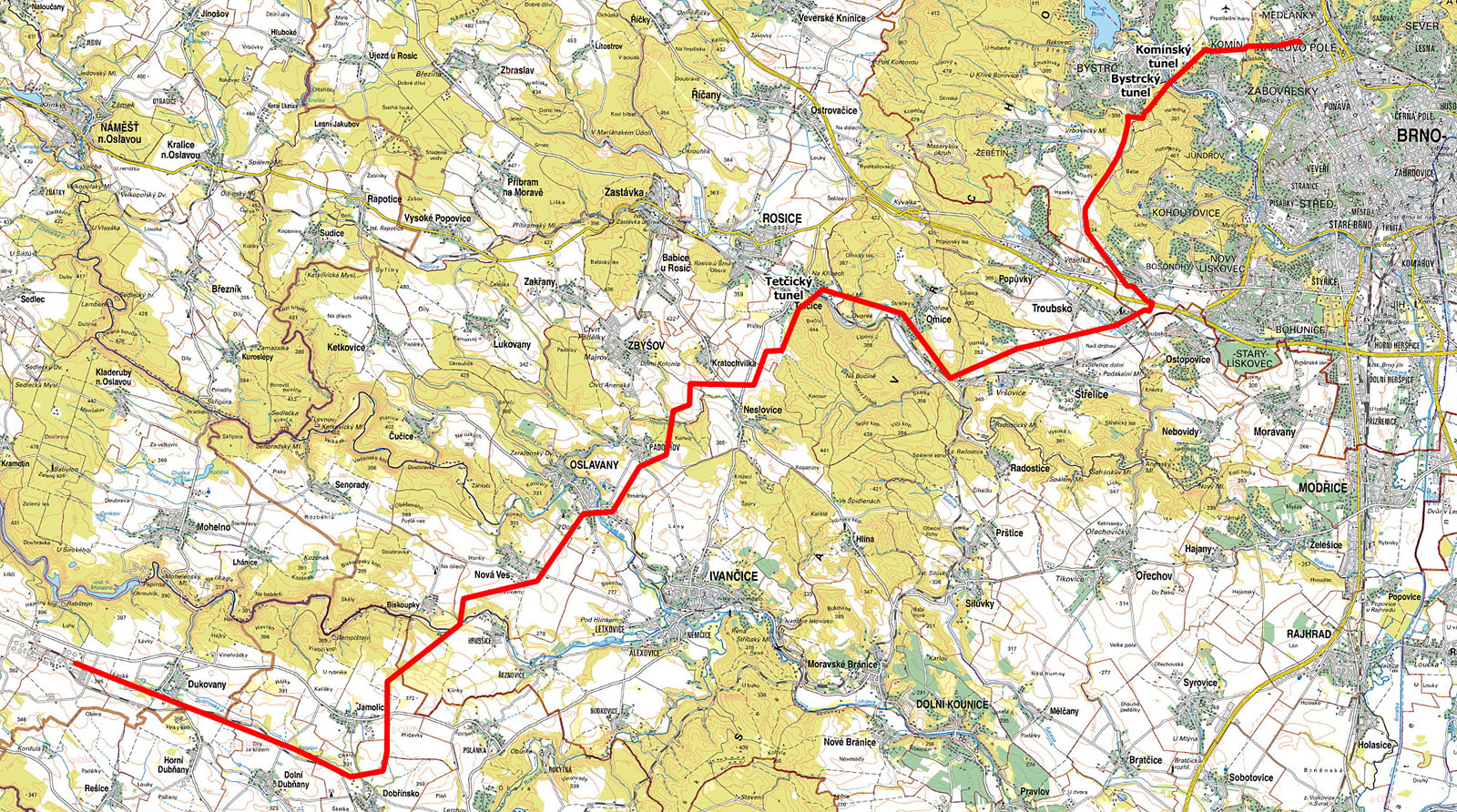 Hrubá mapka trasy horkovodu složená z územních plánů dotčených obcí a materiálů převzatých z původního projektu vypracovaného společností Energoprojekt Praha v říjnu 1988. Za dálnicí v Bosonohách se horkovod měl připojit do městské sítě zásobování teplem, která není pro svoji složitost v mapce vyznačena. Navazující trasa z Bosonoh do Králova Pole přes Bystrcký a Komínský tunel měla být rozšířením městské sítě.