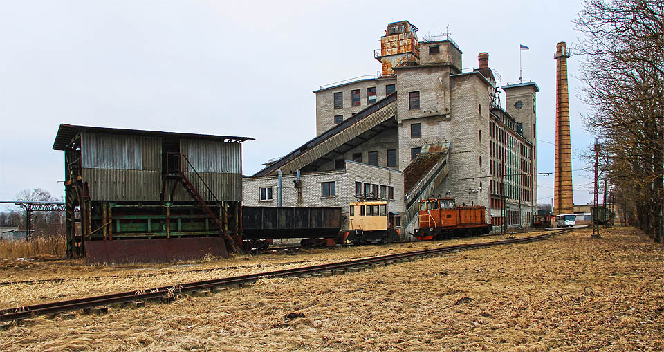 Tak vypadá to, co zbylo z kdysi rozmanité a rozlehlé sítě úzkokolejných drah v Tootsi. Tři lokomotivy, pár vagónů, výklopník, cáry trolejí a dvě koleje podél harnice areálu.