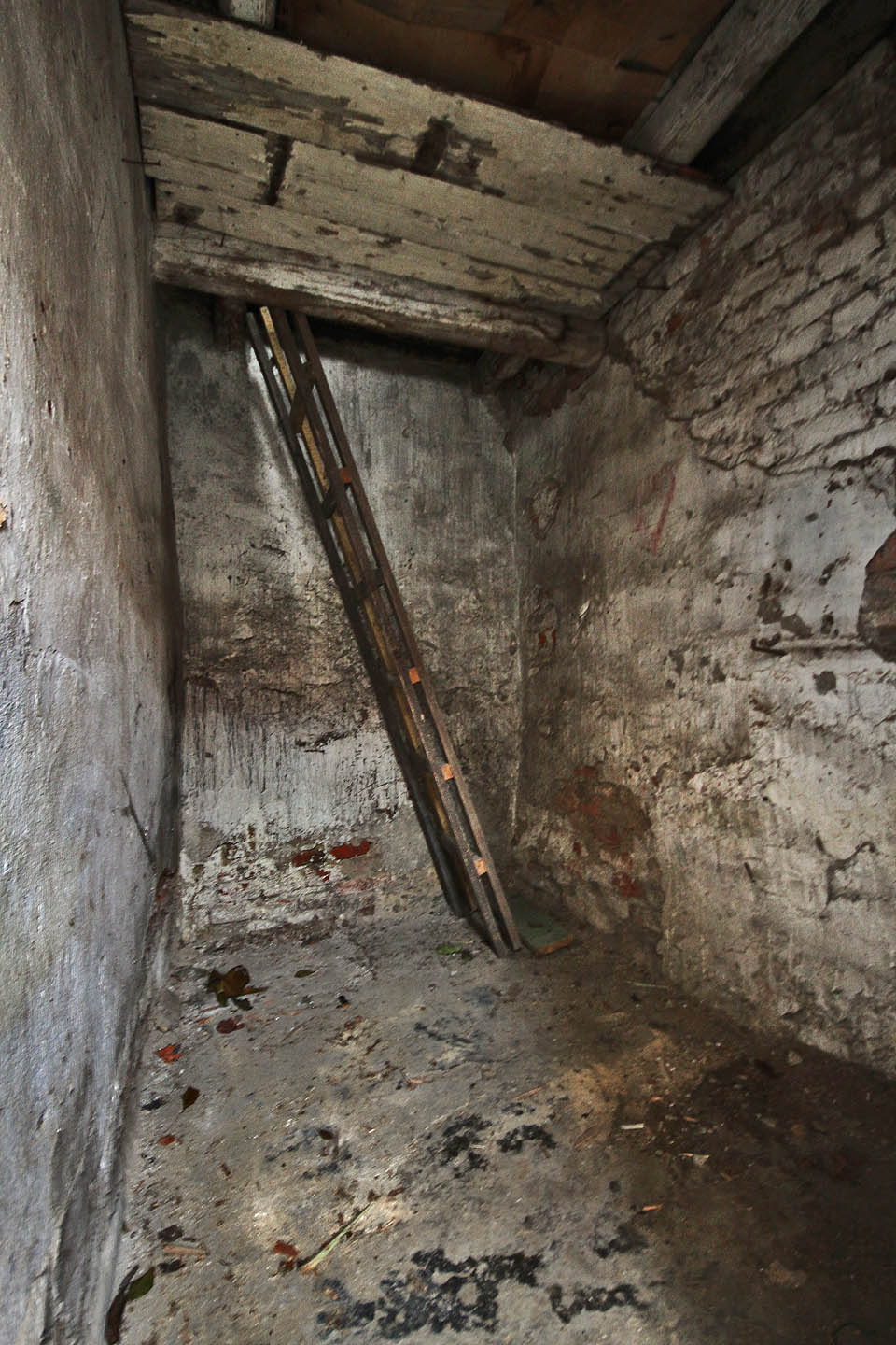 Kůlnička za domem č. 73 je netradičně dvouposchoďová, propojená stavebním žebříkem.