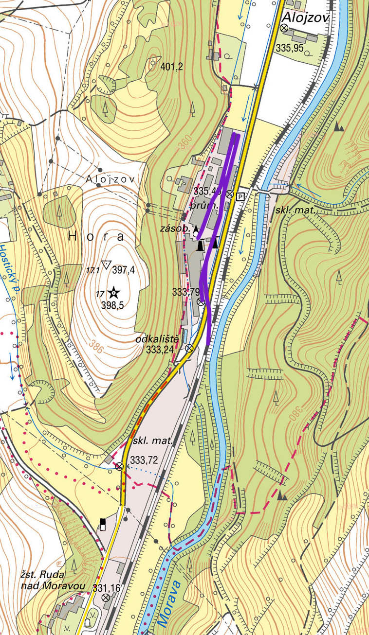 Vlečka do aloisovských papíren má tři výhybky a čtyři kusé koleje.