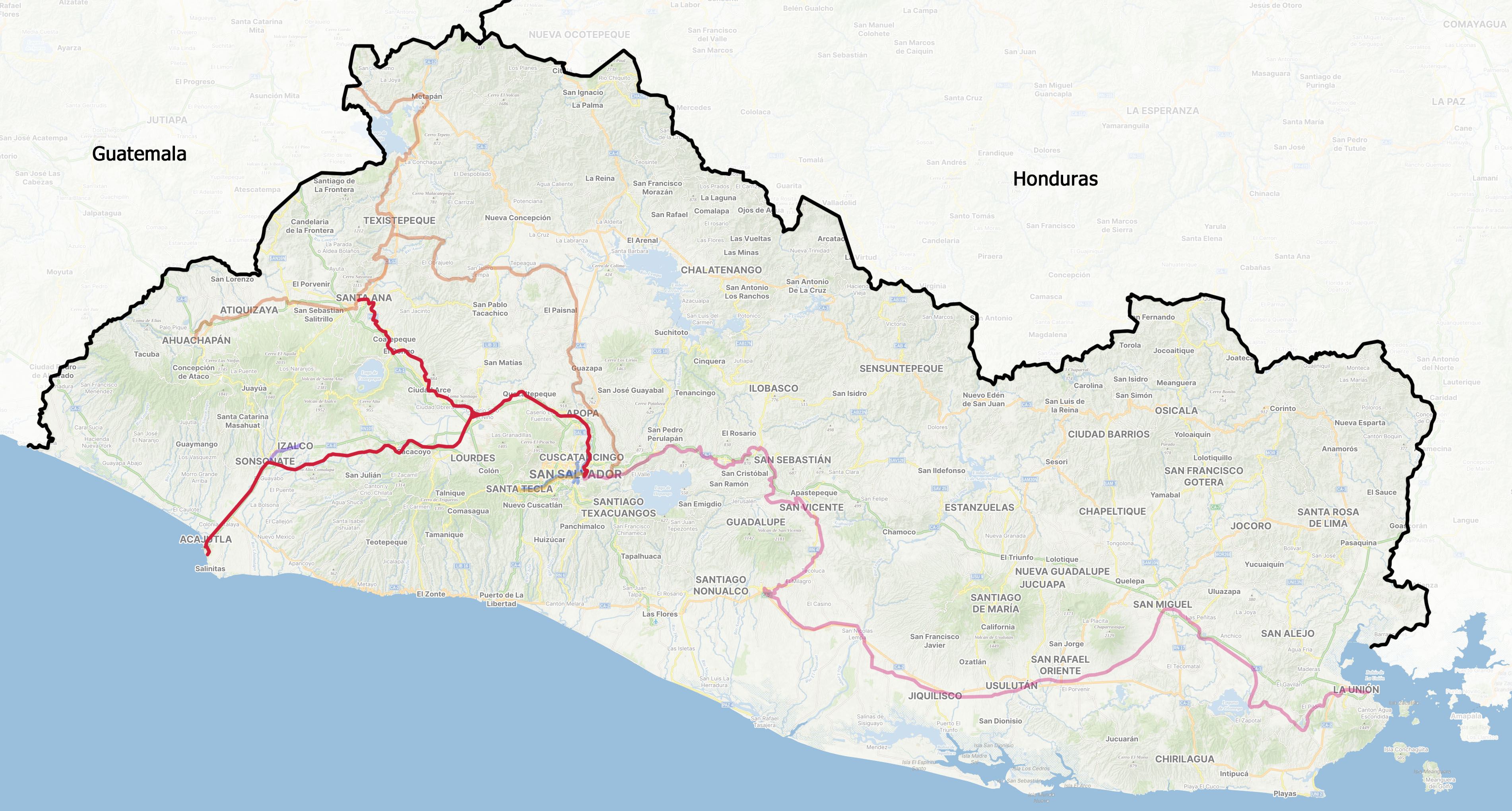 Na mapě skromné sítě salvádorských železničních a tramvajových tratí je Salvádorská dráha vyznačena sytě červeně. Tři ramena ze Santa Any na severozápadě, Acajutly na jihozápadě a San Salvadoru na východě se potkávala ve formě kolejového trianglu ve stanici Sitio del Niño.