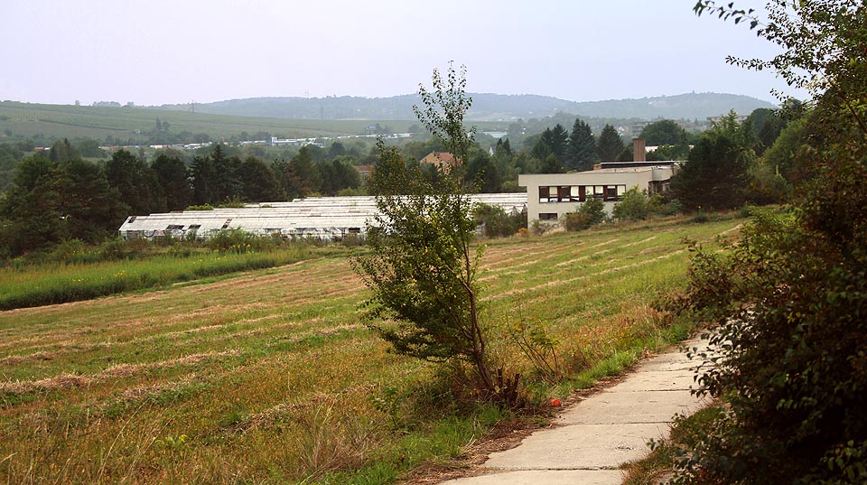 Pohled na areál bývalé střední zahradnické školy od východu přes zamčenou bránu. Tudy cesta nevede.