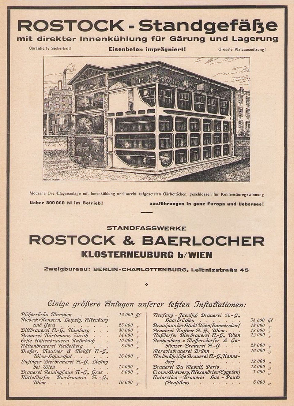 Plakát zřejmě z 20. let 20. století inzeruje tehdy moderní železobetonové ležácké tanky firmy Rostock & Baerlocher z Klosterneuburgu u Vídně. Reference na pivovar Moravia v Brně udává objem instalovaných tanků 16000 hl, tedy zhruba 10 piv na každého předválečného obyvatele Brna včetně nemluvňat a starců. Plakát zřejmě z 20. let 20. století inzeruje tehdy moderní železobetonové ležácké tanky firmy Rostock & Baerlocher z Klosterneuburgu u Vídně. Reference na pivovar Moravia v Brně udává objem instalovaných tanků 16000 hl, tedy zhruba 10 piv na každého předválečného obyvatele Brna včetně nemluvňat a starců.