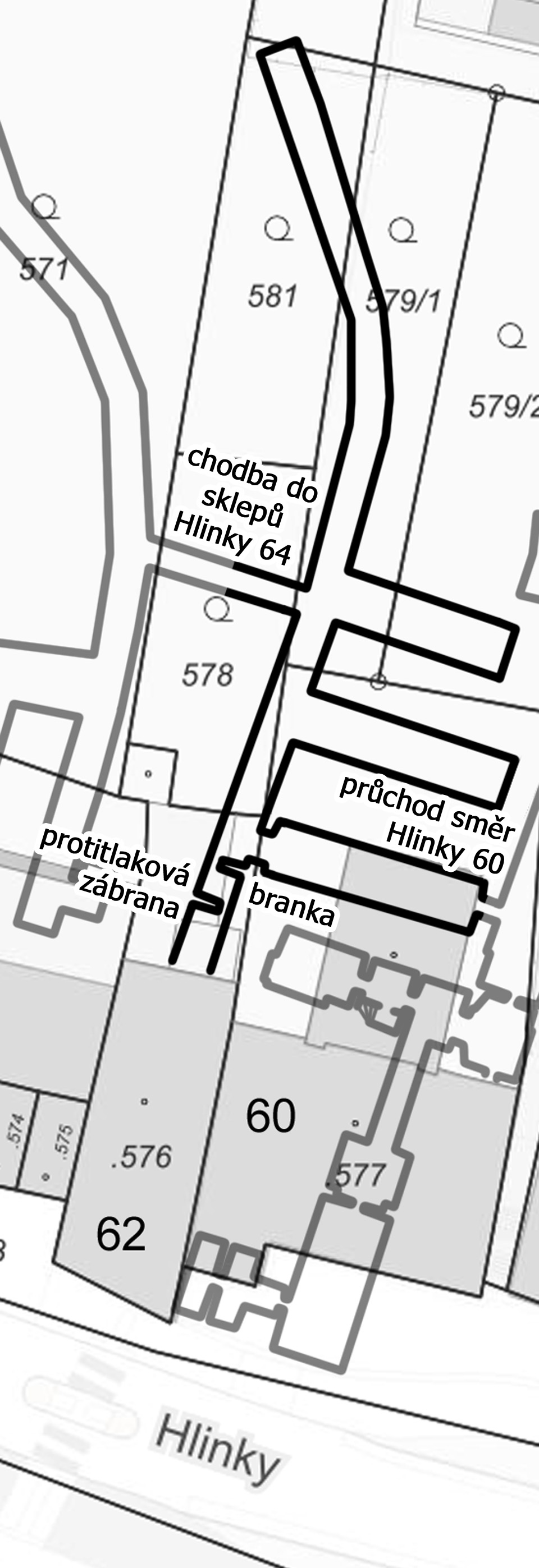 Mapka sklepů za domem č. 62 včetně obou chodeb spojujících je se sklepy sousedních domů.