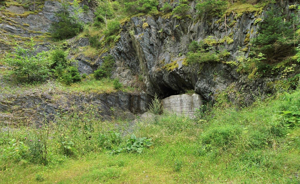 Vstup do průzkumné štoly je poměrně nápadný z povrchu na místě, kde se jinak sevřené údolí bezejmenného potoka mírně otvírá slunci.