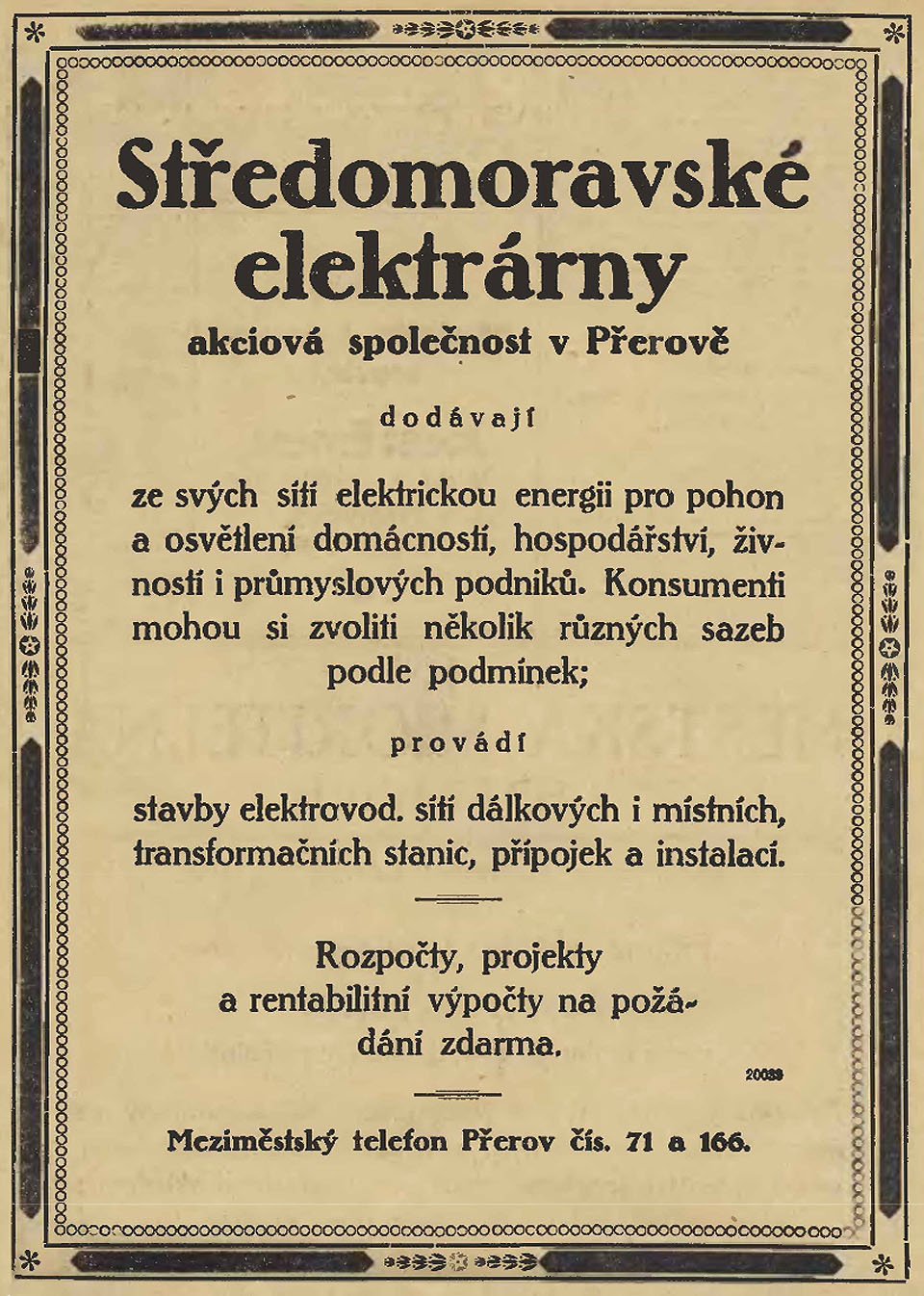 Dobová reklama na Středomoravskou elektrárnu v Přerově z Národních listů dne 9. července 1927.