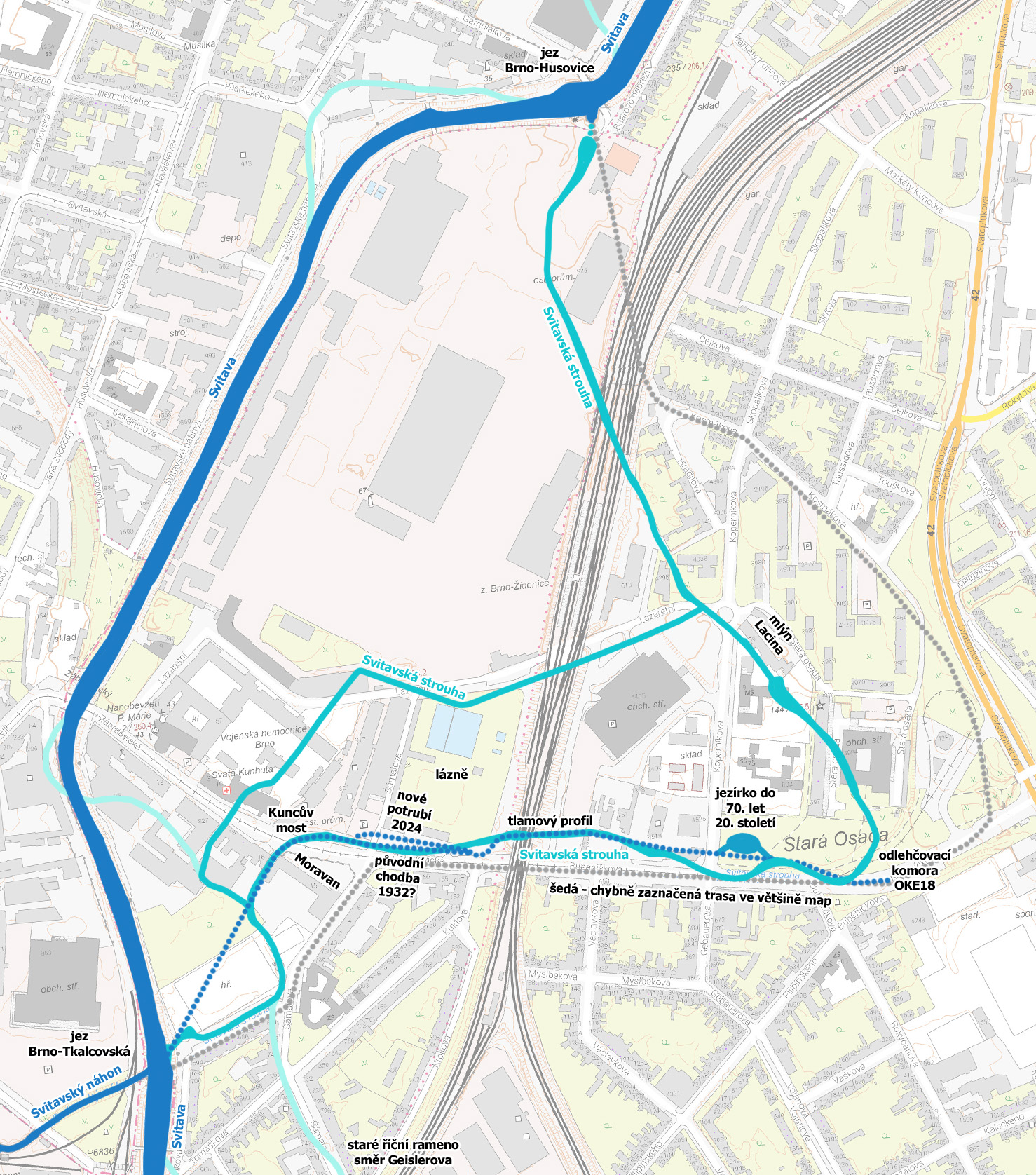 Na mapce Svitavské strouhy jsou tmavší modrou současné vodní toky a azurovou vodní toky na počátku 20. století. Tečkovaně jsou vyznačeny ověřené části současné podzemní trasy Svitavské strouhy, která - ač není vidět - je tu pořád s námi. Pro zajímavost je doplněna šedě trasa strouhy, která je chybně uvedena ve většině map. Na mapce Svitavské strouhy jsou tmavší modrou současné vodní toky a azurovou vodní toky na počátku 20. století. Tečkovaně jsou vyznačeny ověřené části současné podzemní trasy Svitavské strouhy, která - ač není vidět - je tu pořád s námi. Pro zajímavost je doplněna šedě trasa strouhy, která je chybně uvedena ve většině map.