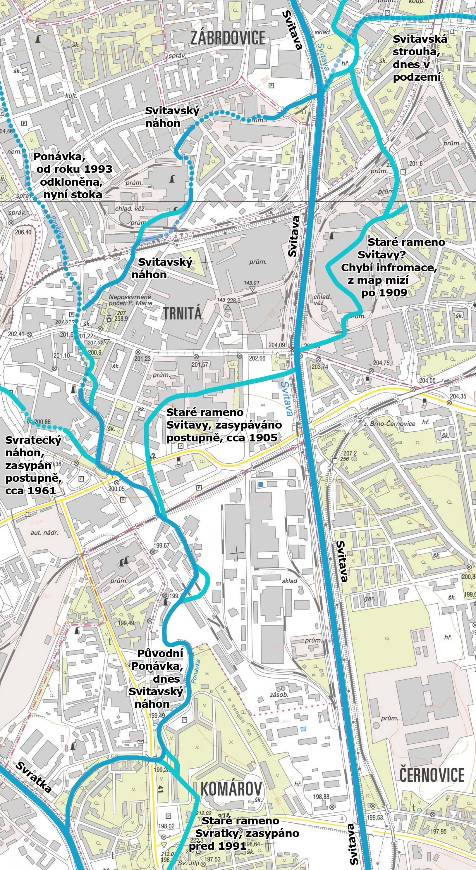 Zakreslení Svitavského náhonu na plánu města Brna z roku 2016.