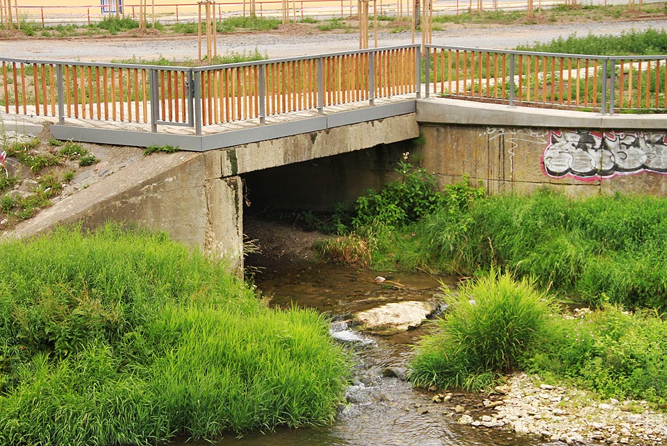 Soutok Křtinského potoka se Svitavou z protějšího břehu od bývalého hotelu Skalní sklep.