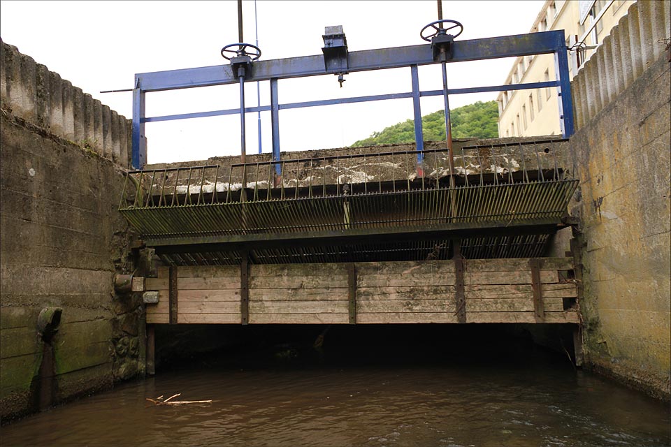 Vtokové česle při pohledu od hladiny Křtinského potoka.