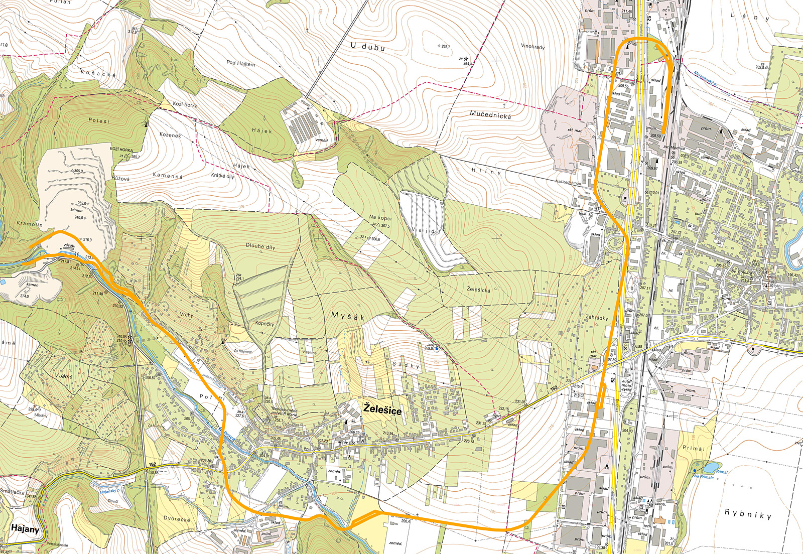 V mapce z roku 2021 je dobře patrné, jak dráha obcházela Želešice a protáhlá úbočí kopce Kozí horky nad nimi. Ačkoliv výchozí překladiště a cílová stavba mostu jsou od sebe vzdušnou čarou pouhých 3,5 km, úzkokolejka se roztáhla na více než 7 km.