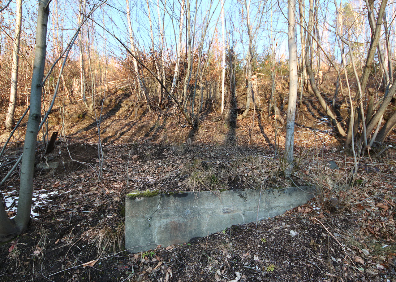 Jen o několik metrů dál je nad silnicí dobře vidět základ dalšího pilíře přemostění silnice. Tudy svážnice vystupovala z objektu papírny. Opět je výše vidět ještě další základ - buď ukončení mostu nebo (vzhledem ke sklonu svahu pravděpodobnější) třetího pilíře.