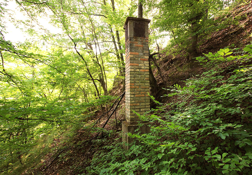 Ventilační komín na stráni v lese nad krytem.