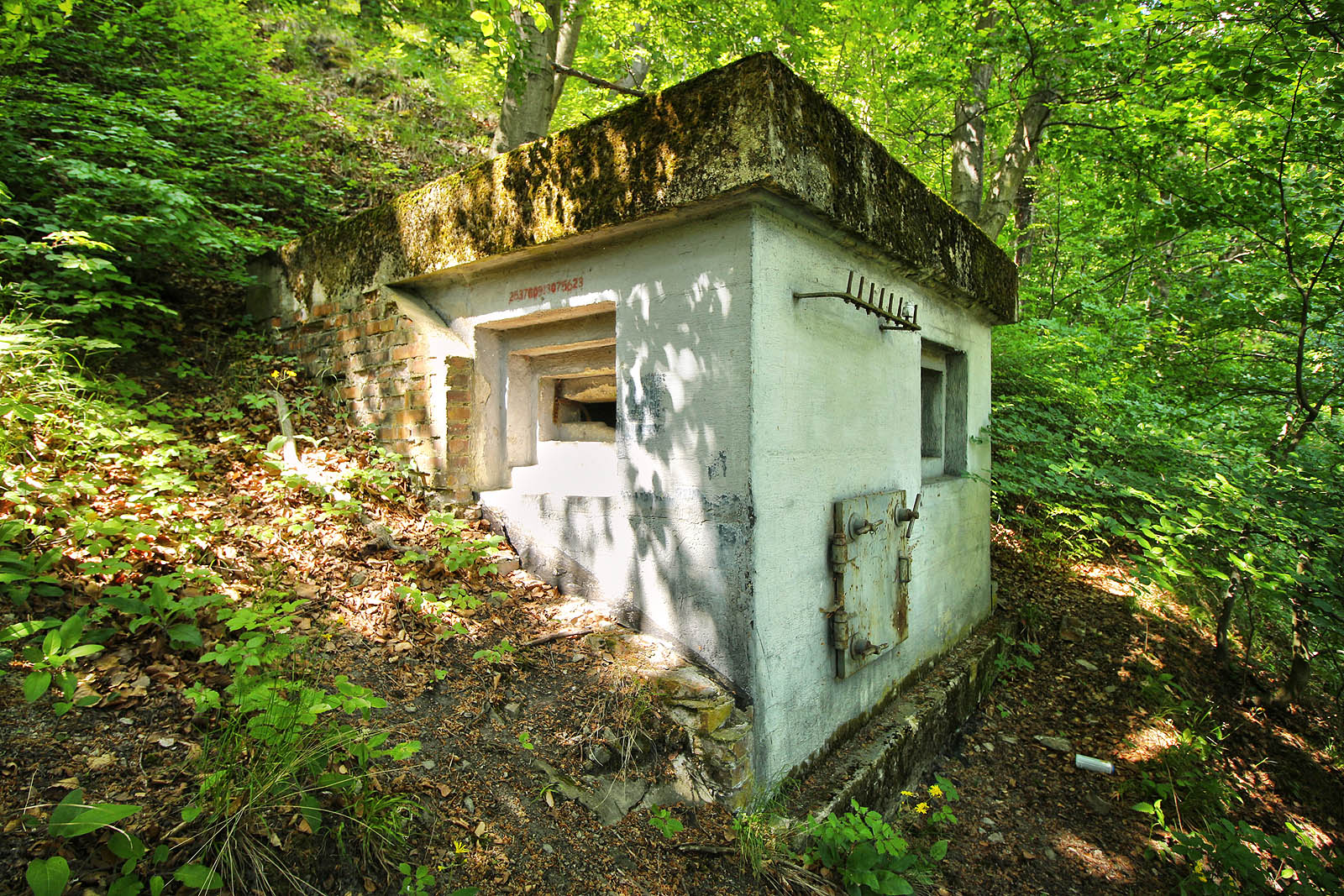 Pozorovatelna a současně únikový východ. Odtud mohla hlídka s určitou mírou (ne)jistoty nahlásit konec leteckého útoku na Adast. Kovový hřeben na zdi sloužil pro uchycení izolátorů vnějšího telefonního vedení.