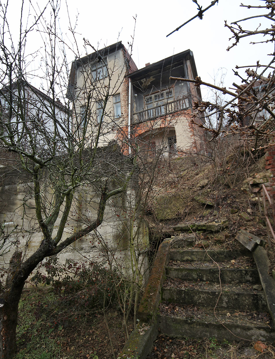 Pohled ze spodní části ulice palouk. Při nakouknutí přes zpustlou zahradu se vilka rýsovala proti obzoru jako strašidelný dům hrůzy.