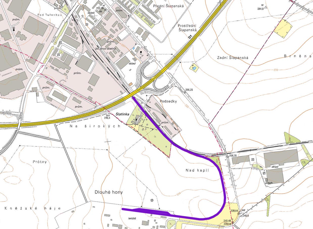 Vlečka vchází z jihovýchodního zhlaví stanice Brno-Slatina, cca 700 m vede podle trati Brno-Veselí nad Moravou a poté se stáčí slouhým pravotočivým obloukem k západu, kde končí v areálu letiště.