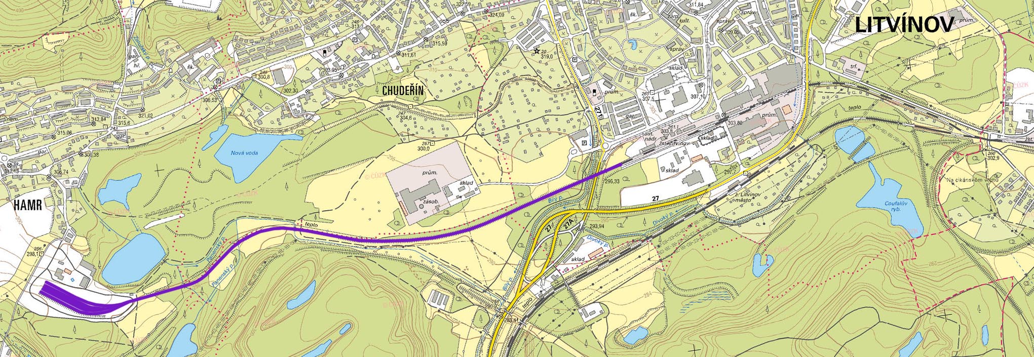 Až po krátký přímý úsek přibližně uprostřed sleduje vlečka trasu bývalé Teplicko-duchcovské dráhy.