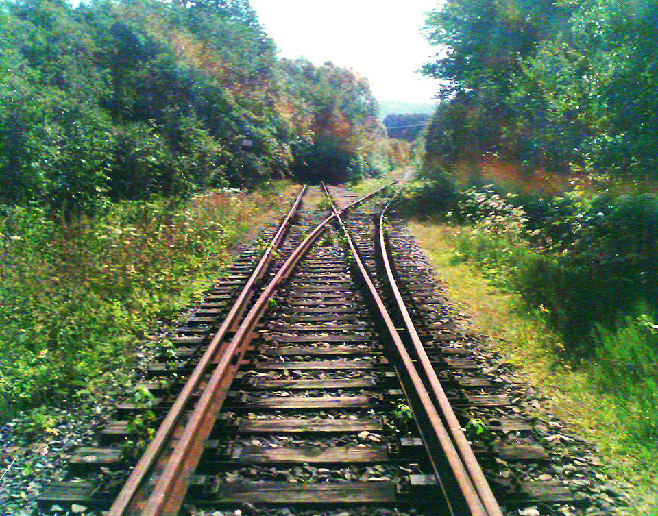 Odvratná kolej (vlevo) při pohledu od brány. Pokud by vlak s municí či zajatci omylem ujel, nedostal by se daleko - vykolejil by pár metrů před branou areálu.
