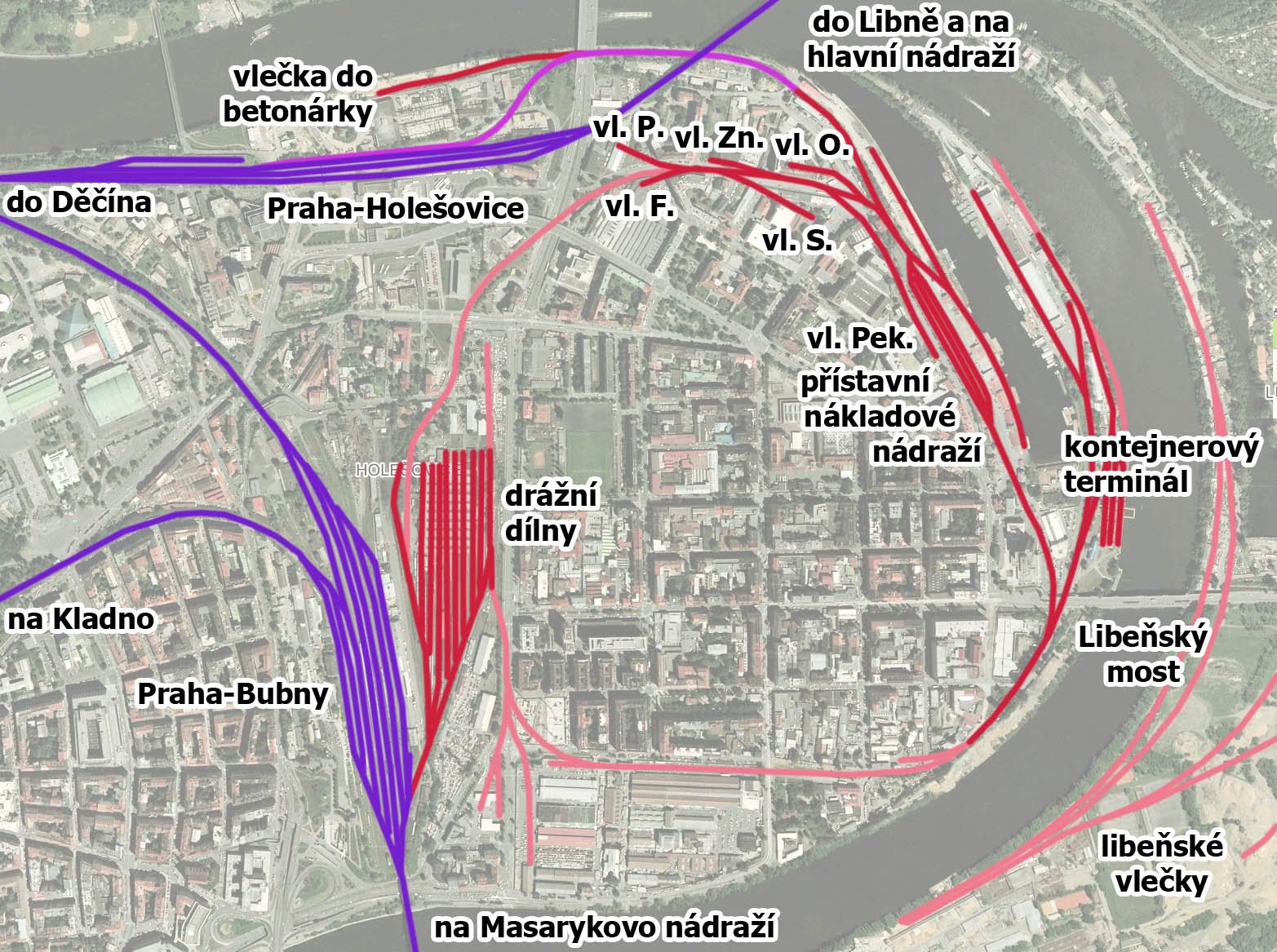 Plánek vleček napojených na Holešovickou přístavní dráhu se zkratkami vleček v Jankovcově ulici:
vl. P. = vlečka do Pergamenky
vl. Zn. = vlečka do společnosti Dopravní značení (SUPRO)
vl. O. = vlečka do Čistící stanice osiv
vl. F. = vlečka do Ferony
vl. S. = vlečka do areálu Správy spojů
vl. Pek = vlečka do Pražských pekáren a mlýnů